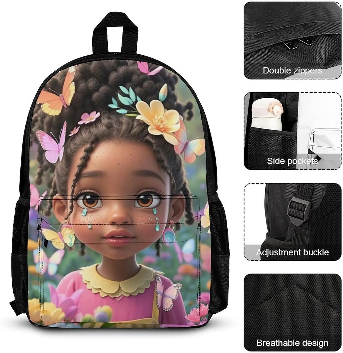 Supdreamc 3 Piece Daypack Colorful Afro American Black Woman With Butterflies Art Travel Hiking Bag & Day Pack - Big Capacity Multipurpose Bookbag Lunch Bag Pencil Case for Adult