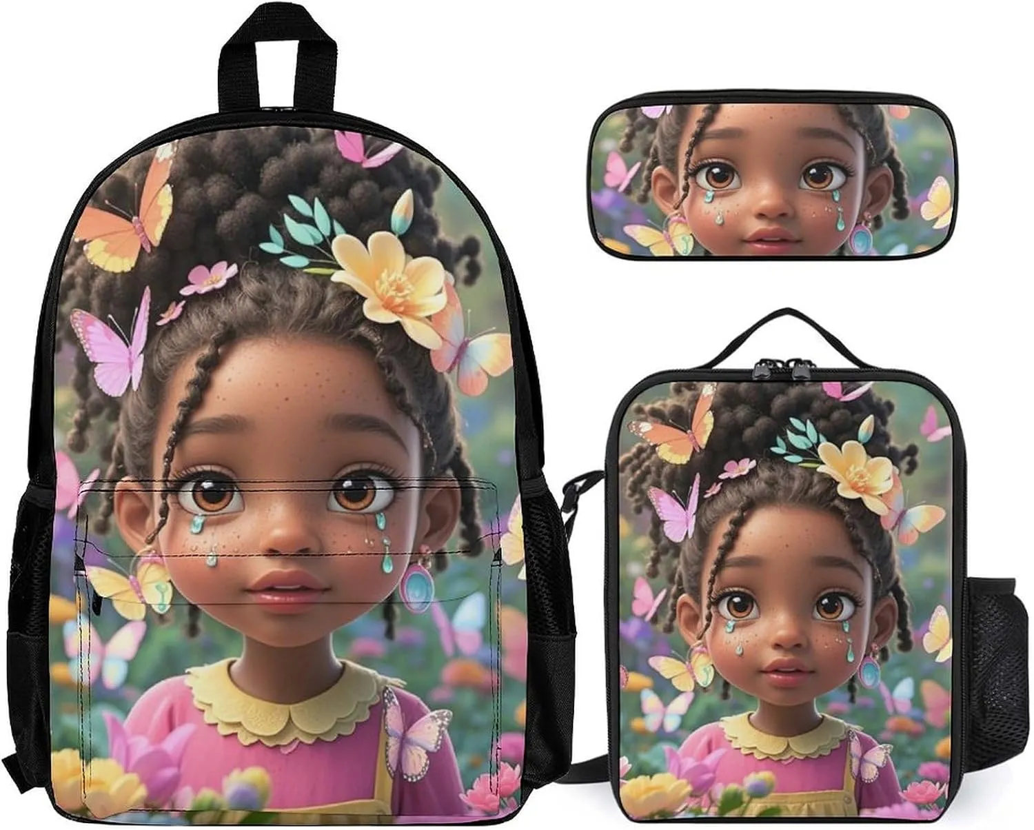 Supdreamc 3 Piece Daypack Colorful Afro American Black Woman With Butterflies Art Travel Hiking Bag & Day Pack - Big Capacity Multipurpose Bookbag Lunch Bag Pencil Case for Adult