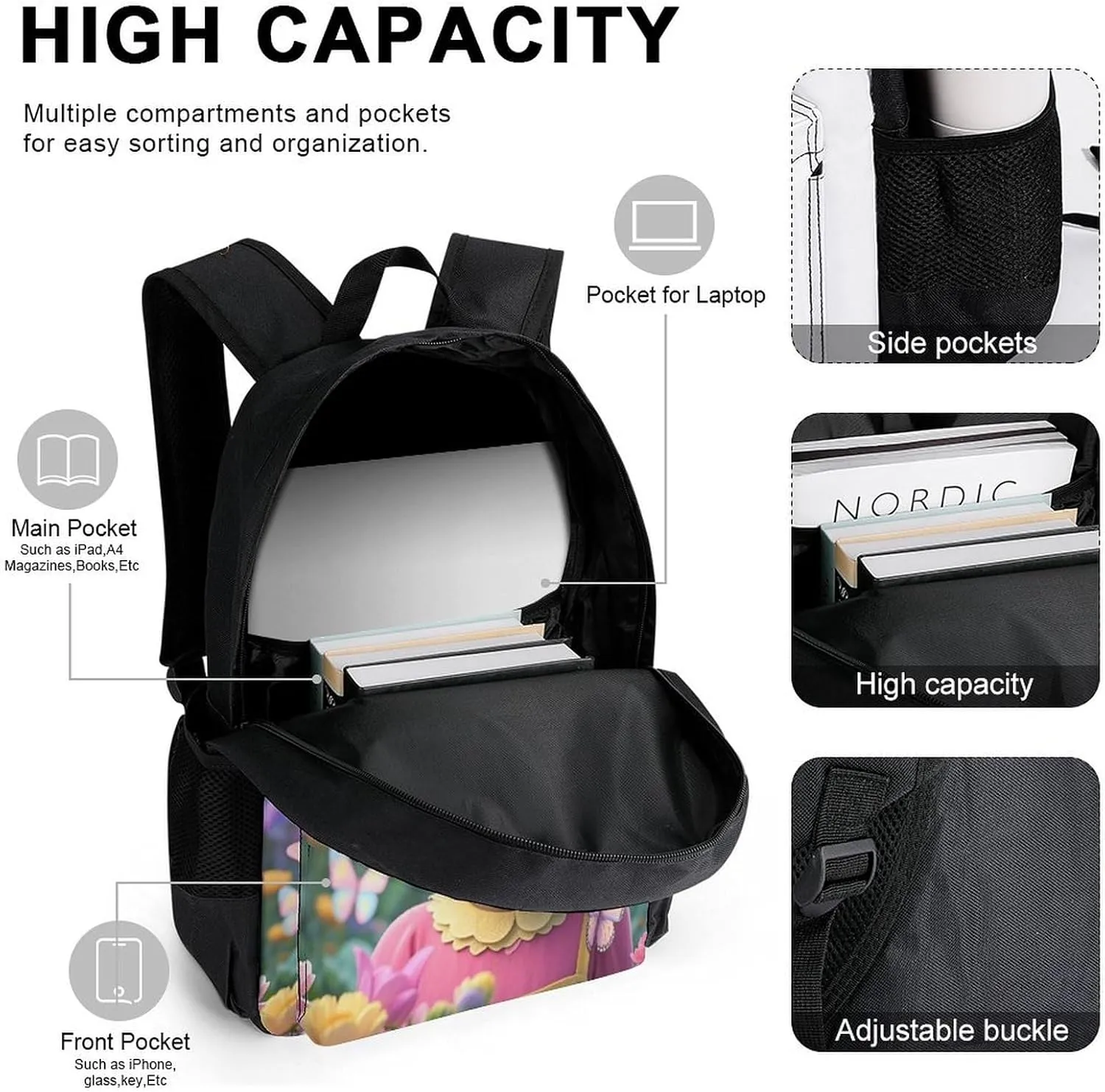Supdreamc 3 Piece Daypack Colorful Afro American Black Woman With Butterflies Art Travel Hiking Bag & Day Pack - Big Capacity Multipurpose Bookbag Lunch Bag Pencil Case for Adult