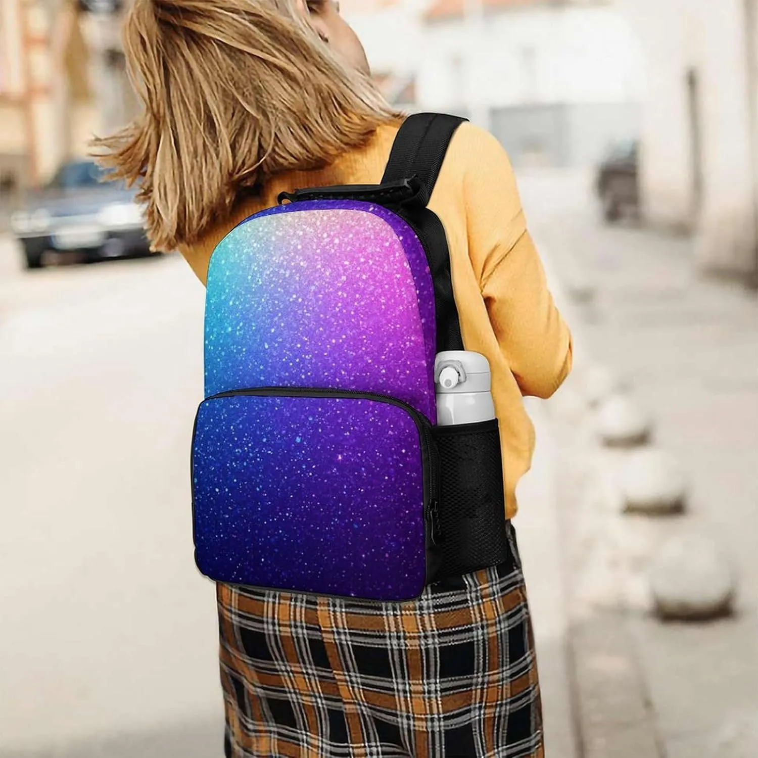 Supdreamc Beautiful Blue Purple Bling Glitter Sparkles Pattern Rucksacks Lightweight Multipurpose Anti-Theft Shoulder Bag Big Capacity Traveling & Camping Backpack With Side Pockets
