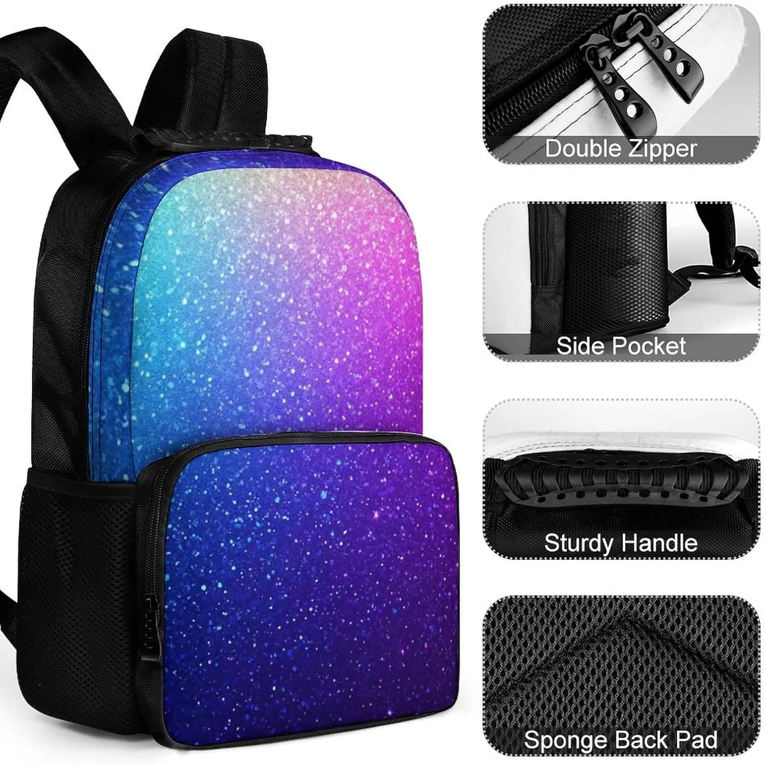 Supdreamc Beautiful Blue Purple Bling Glitter Sparkles Pattern Rucksacks Lightweight Multipurpose Anti-Theft Shoulder Bag Big Capacity Traveling & Camping Backpack With Side Pockets