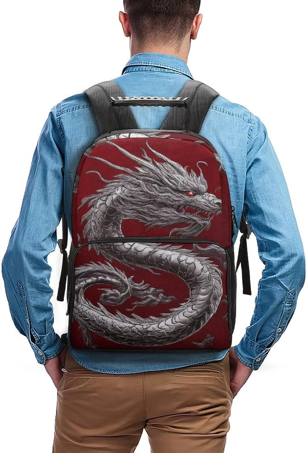 Supdreamc Chinese Dragon Art Red Daypack Backpack Polyester Multipurpose Anti-Theft Shoulder Bag Big Capacity Gym Outdoor Hiking Backpack With Smooth Zippers
