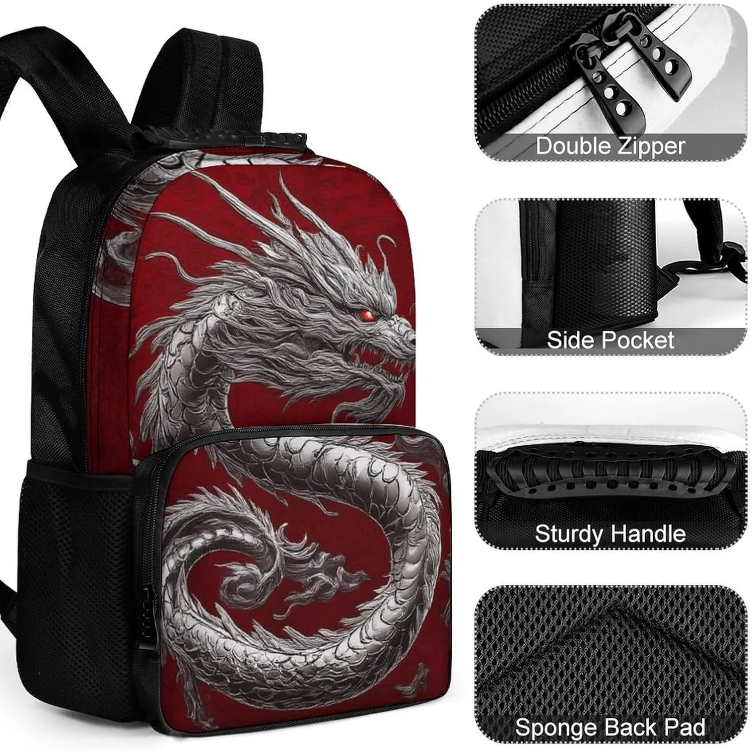 Supdreamc Chinese Dragon Art Red Daypack Backpack Polyester Multipurpose Anti-Theft Shoulder Bag Big Capacity Gym Outdoor Hiking Backpack With Smooth Zippers