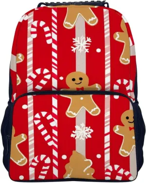 Supdreamc Christmas Red Gingerbread Cookies Candy Canes Backpack Polyester Anti-Theft Multipurpose Bookbag Large Capacity Laptop Book Bag Rucksack With Side Pockets