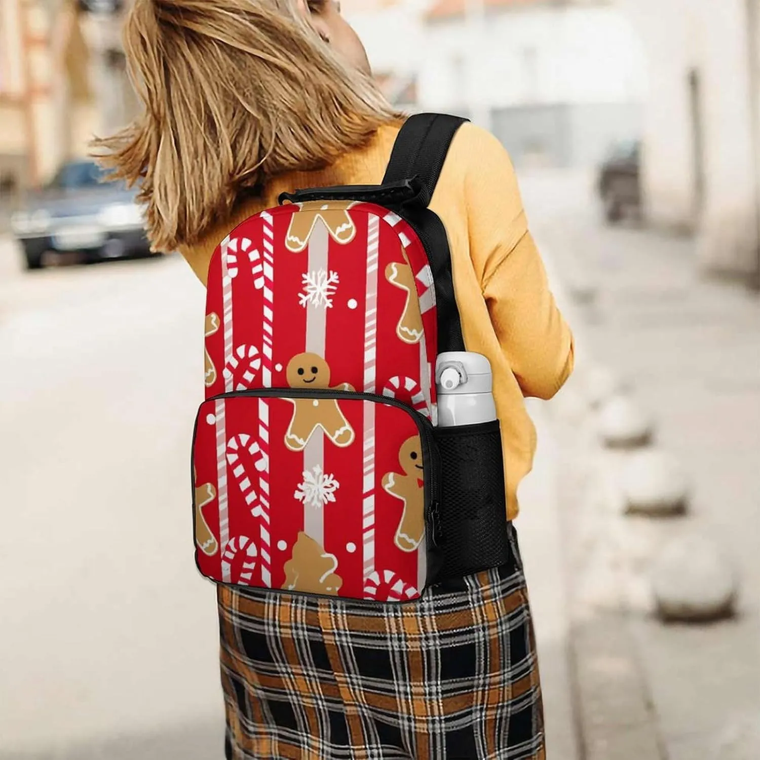 Supdreamc Christmas Red Gingerbread Cookies Candy Canes Backpack Polyester Anti-Theft Multipurpose Bookbag Large Capacity Laptop Book Bag Rucksack With Side Pockets