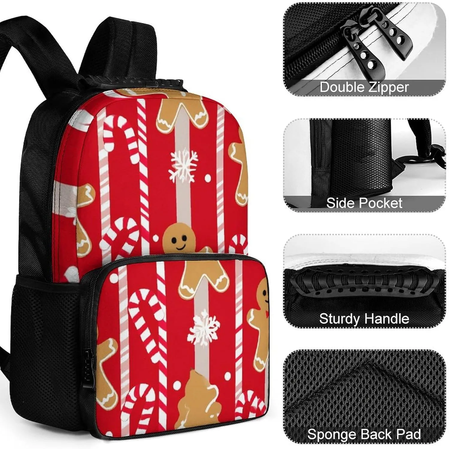 Supdreamc Christmas Red Gingerbread Cookies Candy Canes Backpack Polyester Anti-Theft Multipurpose Bookbag Large Capacity Laptop Book Bag Rucksack With Side Pockets