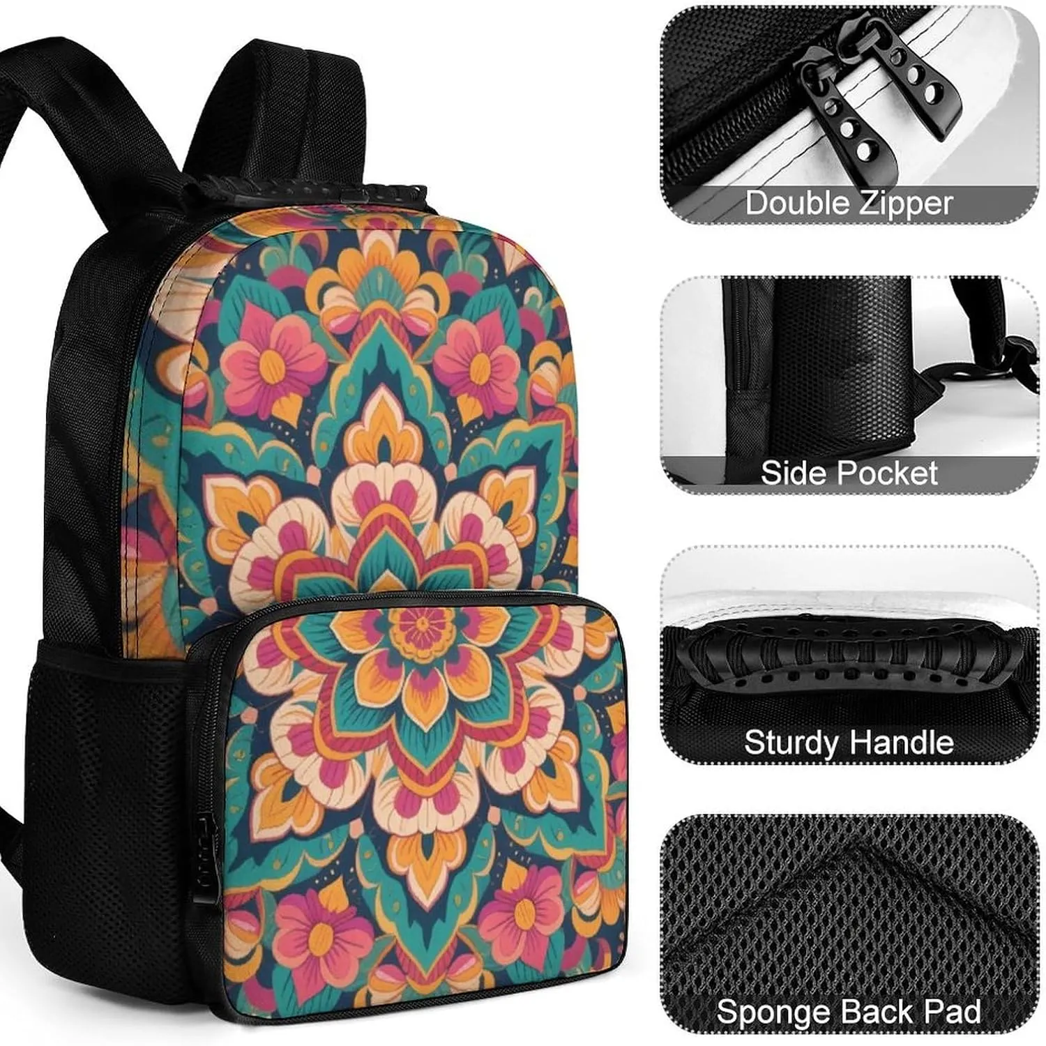 Supdreamc Lightweight Rucksacks for Camping Picnic Walking Cycling - Large Capacity Multipurpose Anti-Theft Carry On Bag, Boho Mandala Flowers Art Travel Hiking & Camping Rucksack