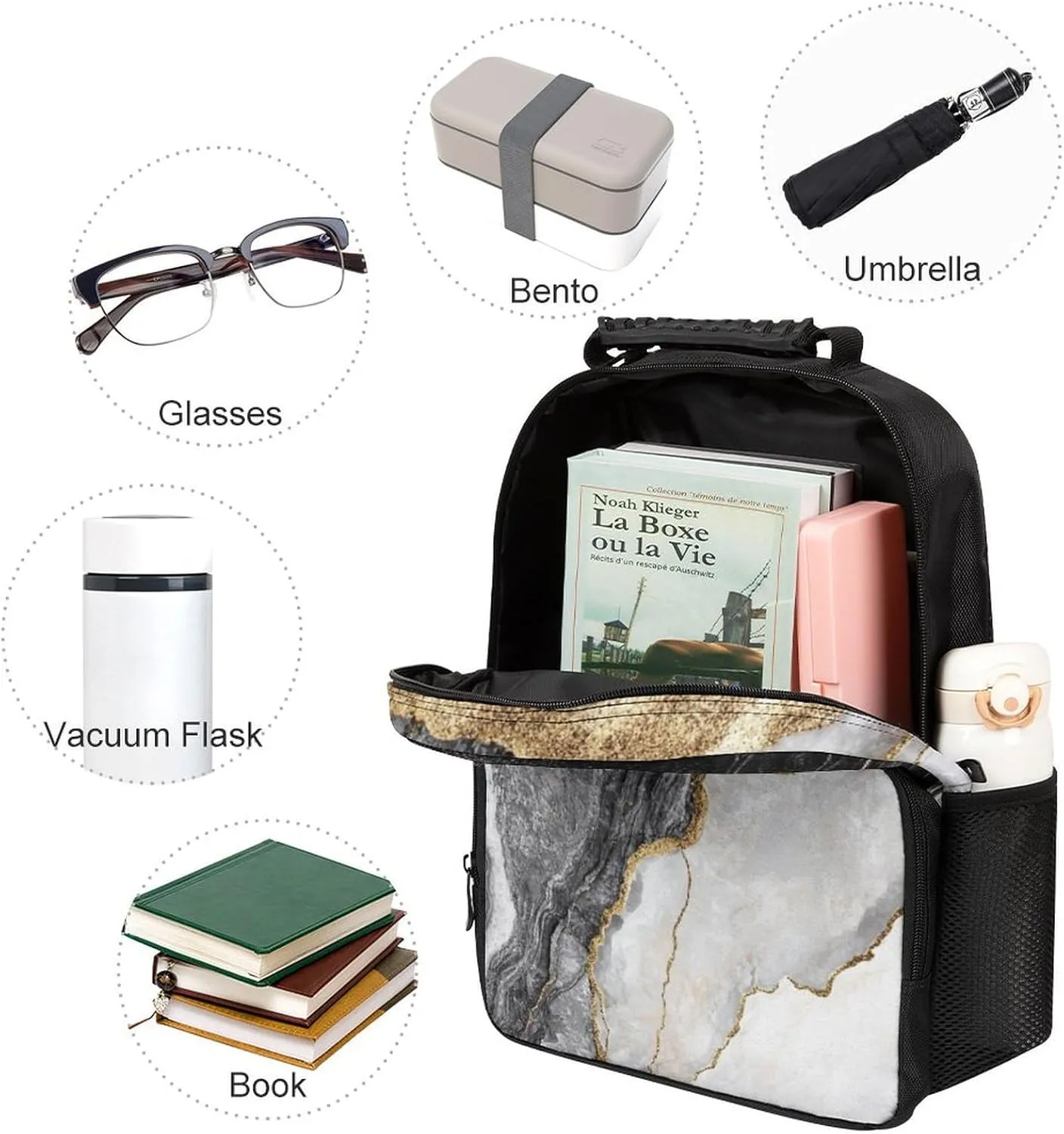 Supdreamc Lightweight Rucksacks for Camping Picnic Walking Cycling - Large Capacity Multipurpose Anti-Theft Carry On Bag, Gold Black Marble Travel Hiking & Camping Rucksack