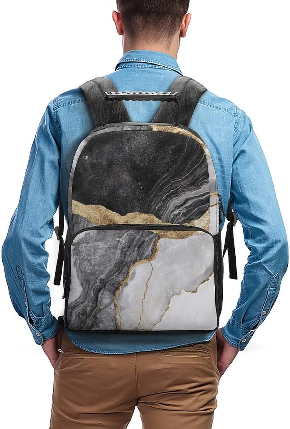 Supdreamc Lightweight Rucksacks for Camping Picnic Walking Cycling - Large Capacity Multipurpose Anti-Theft Carry On Bag, Gold Black Marble Travel Hiking & Camping Rucksack