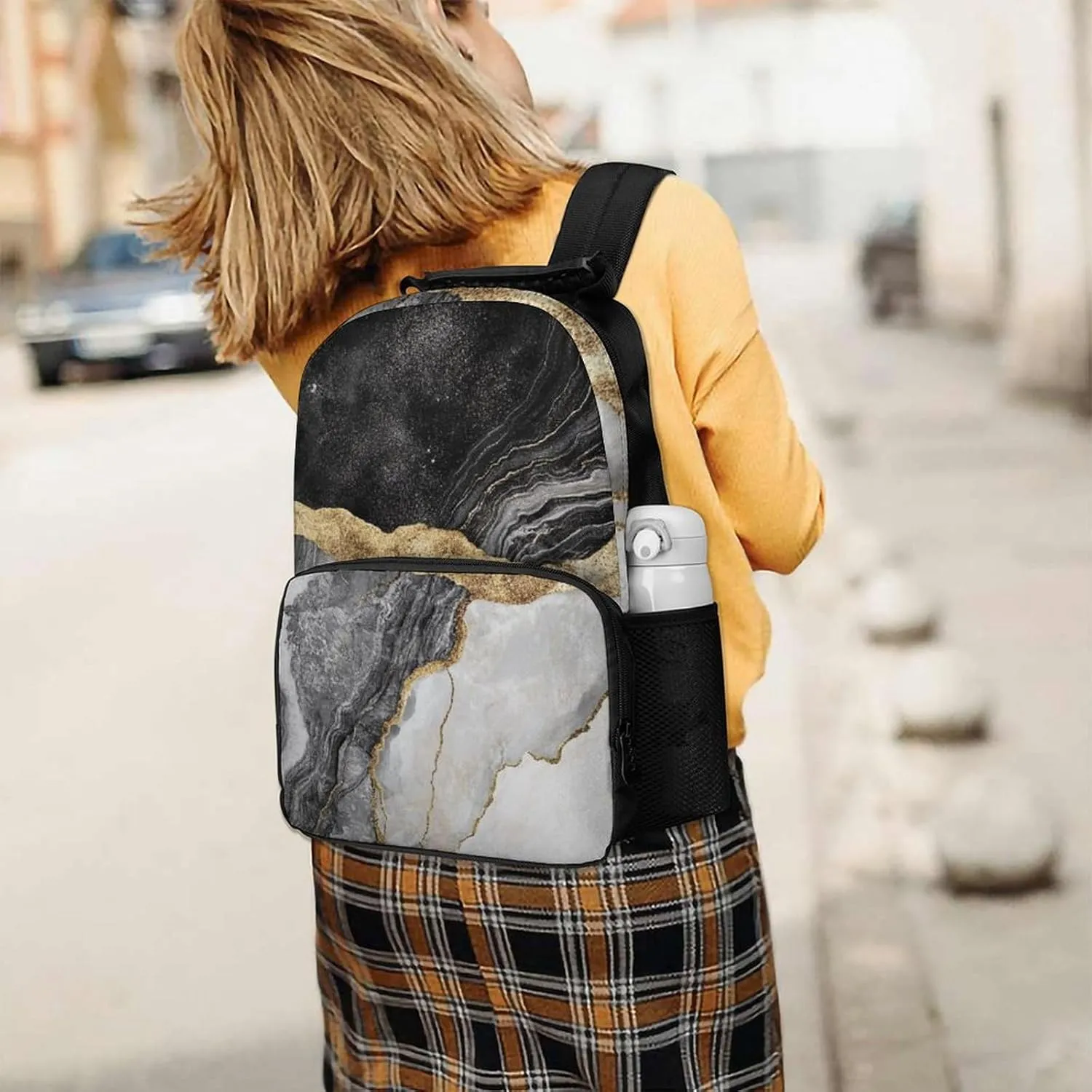 Supdreamc Lightweight Rucksacks for Camping Picnic Walking Cycling - Large Capacity Multipurpose Anti-Theft Carry On Bag, Gold Black Marble Travel Hiking & Camping Rucksack