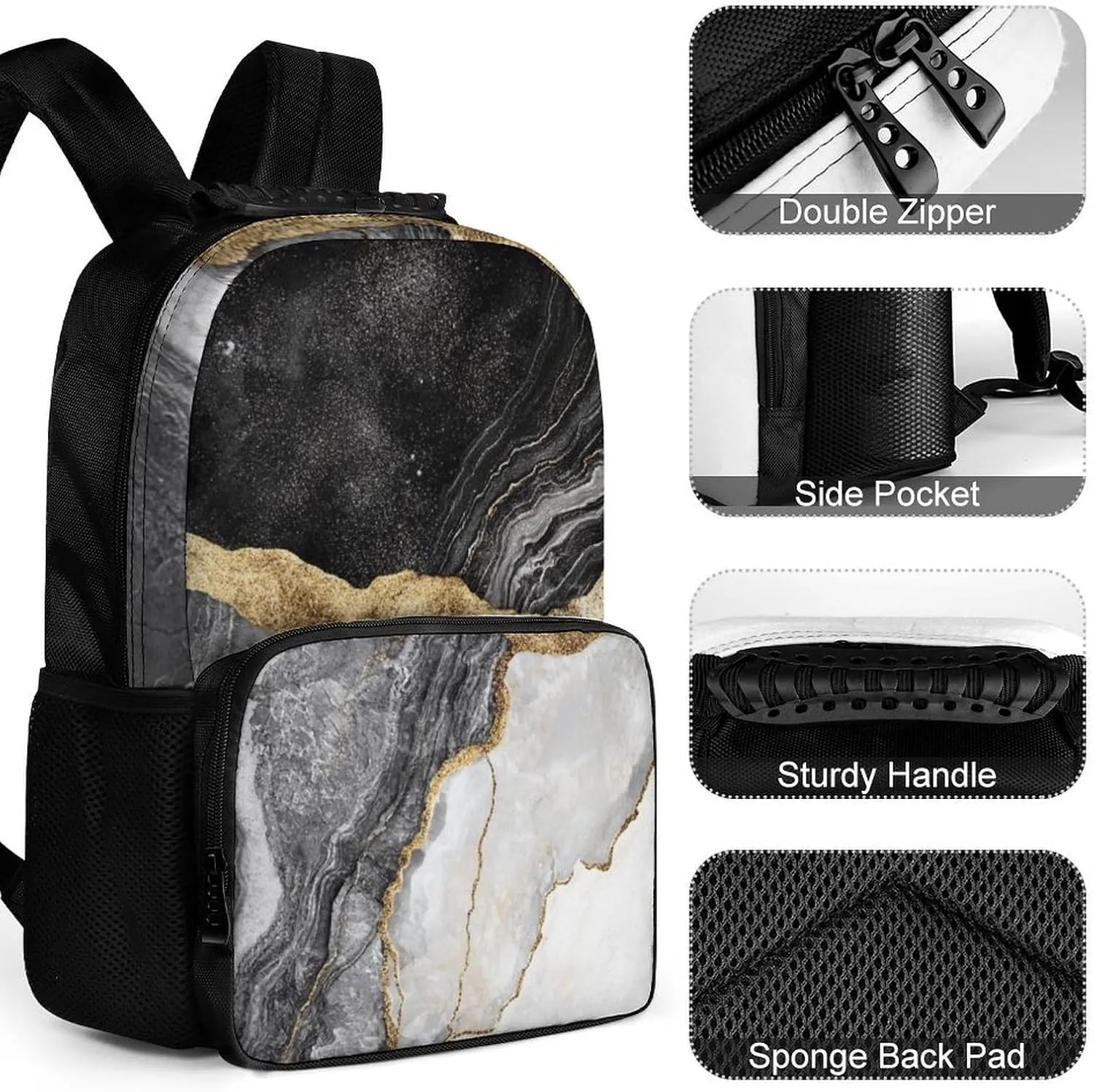 Supdreamc Lightweight Rucksacks for Camping Picnic Walking Cycling - Large Capacity Multipurpose Anti-Theft Carry On Bag, Gold Black Marble Travel Hiking & Camping Rucksack
