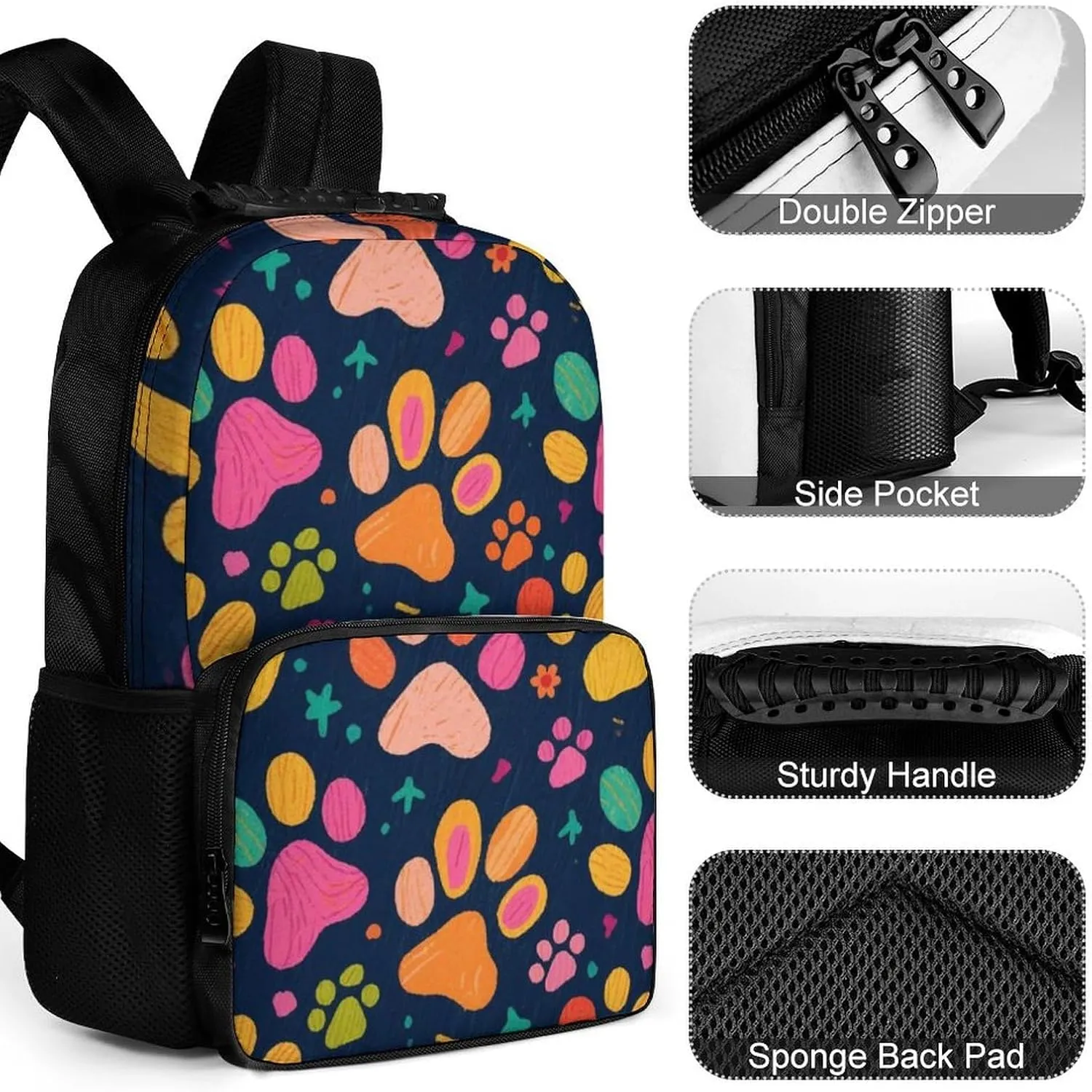 Supdreamc Men Women Lightweight Colorful Dog Bones Paw Prints Daypack Bookbag Big Capacity Carry On Bag With Side Pockets for Camping Travel Bicycle