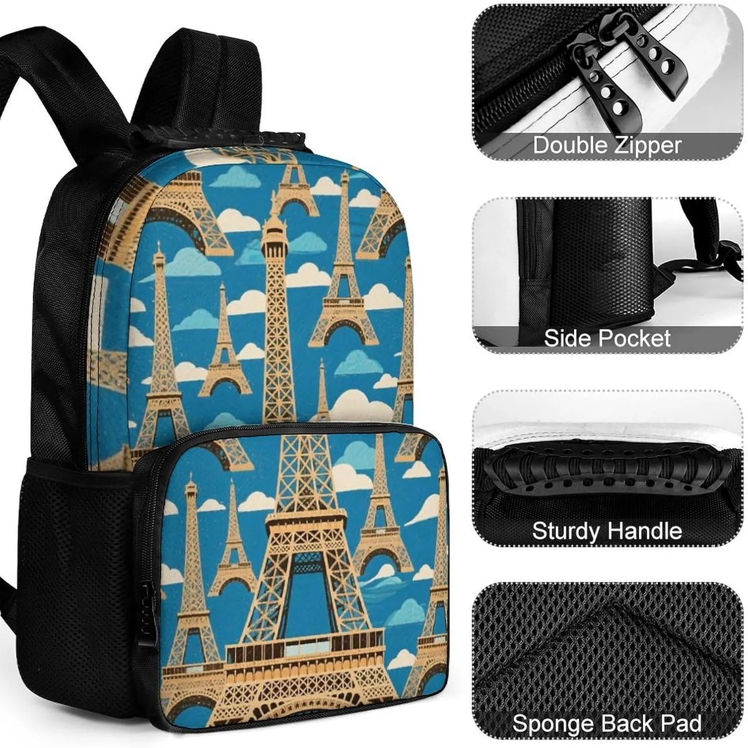 Supdreamc Men Women Polyester Paris Eiffel Tower Art Casual Daypack Large Capacity Carry On Bag With Adjustable Shoulder Straps for Camping Work Running