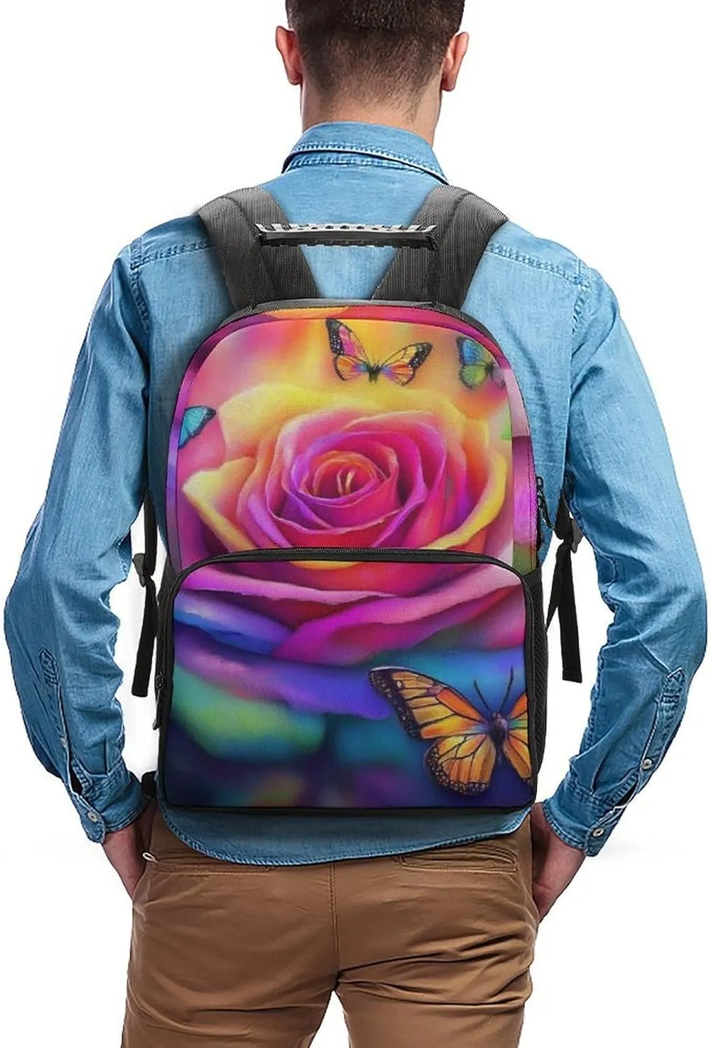 Supdreamc Men Women Polyester Trippy Tie Dye Rose Colorful Art Daypack Big Capacity Shoulder Bag With Adjustable Shoulder Straps for Camping Travel Walking Cycling