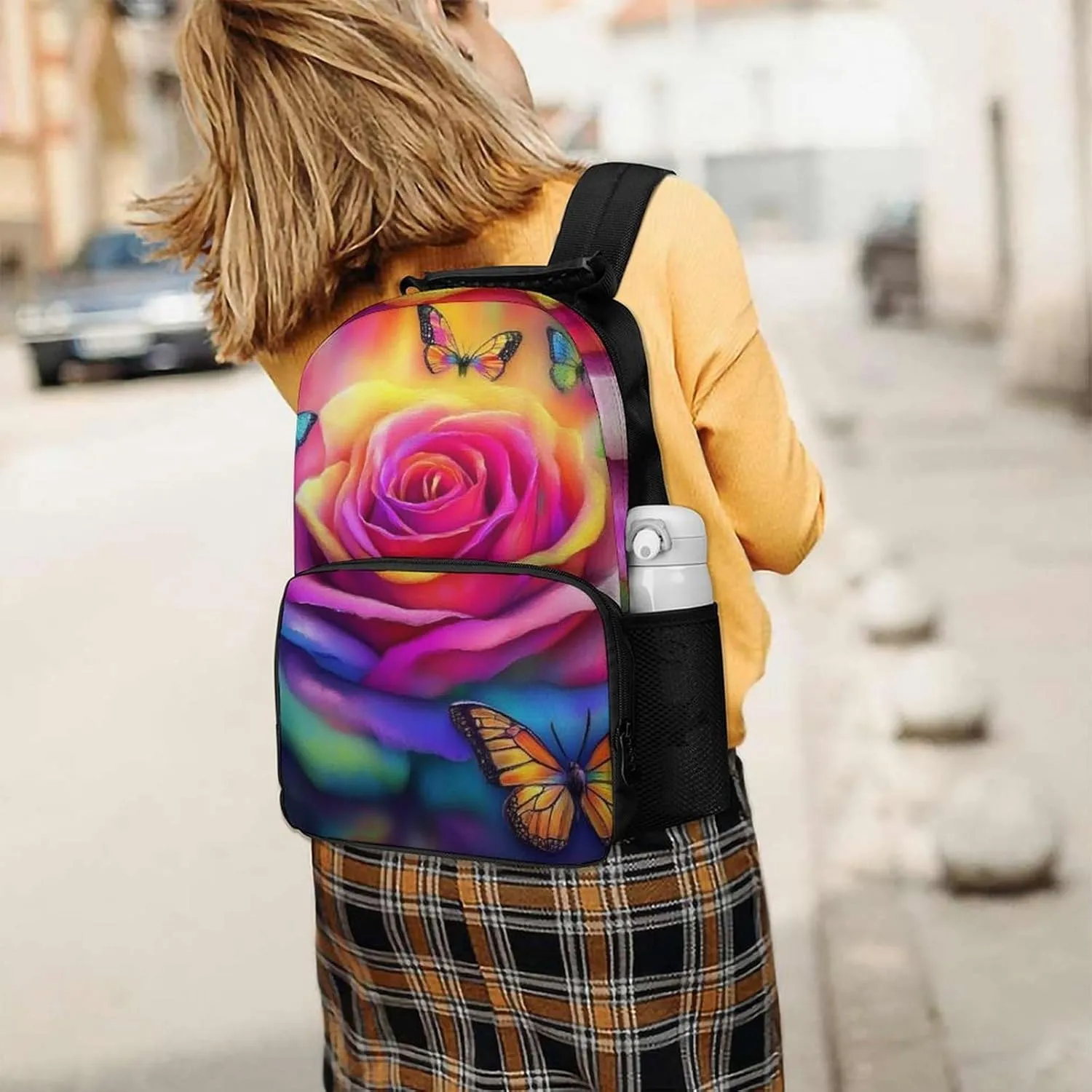 Supdreamc Men Women Polyester Trippy Tie Dye Rose Colorful Art Daypack Big Capacity Shoulder Bag With Adjustable Shoulder Straps for Camping Travel Walking Cycling