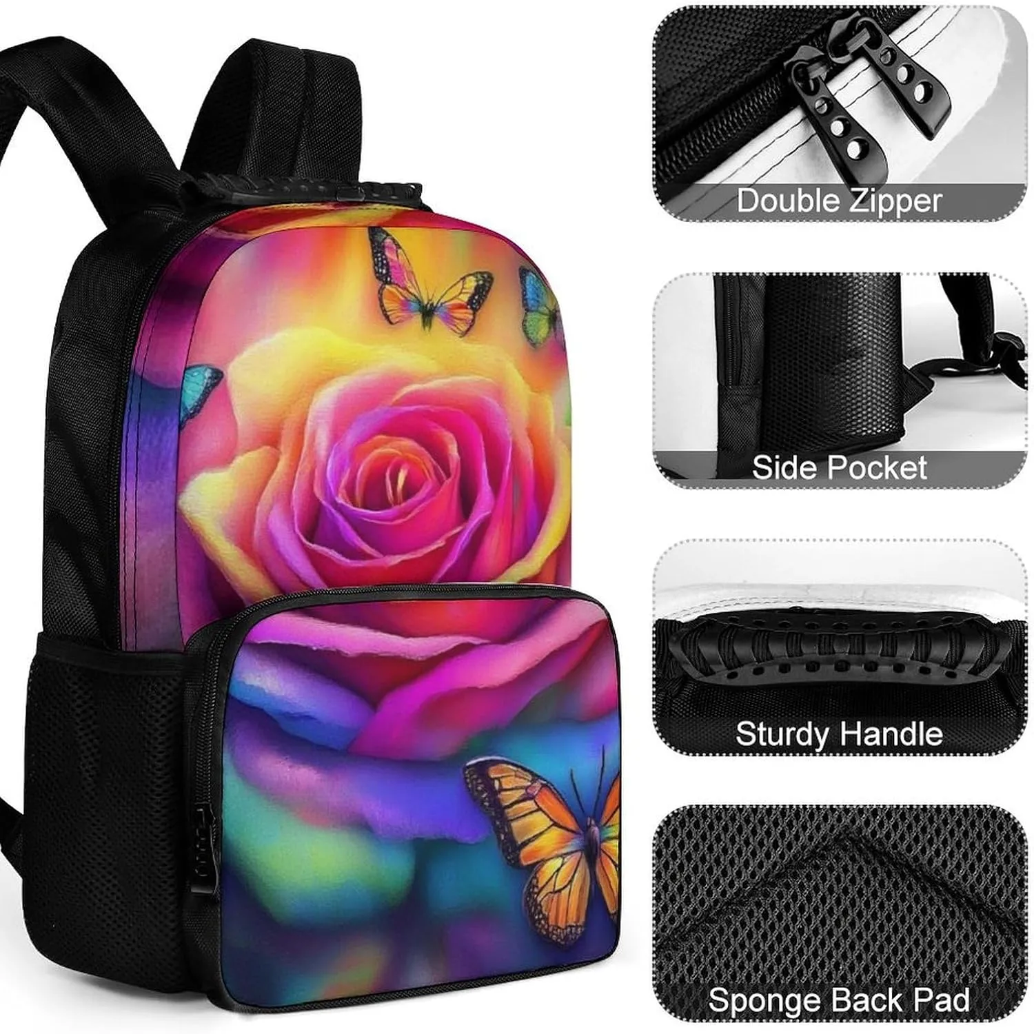Supdreamc Men Women Polyester Trippy Tie Dye Rose Colorful Art Daypack Big Capacity Shoulder Bag With Adjustable Shoulder Straps for Camping Travel Walking Cycling