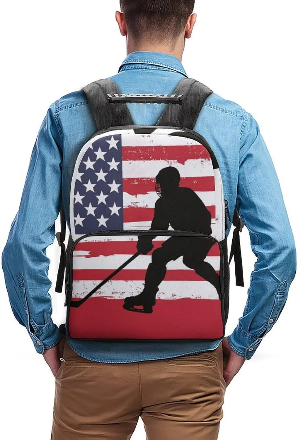Supdreamc Polyester Daypack Backpack for Climbing Outdoors Running - Big Capacity Multipurpose Anti-Theft Bookbag, American Hockey Flag Art Travel Hiking & Camping Rucksack