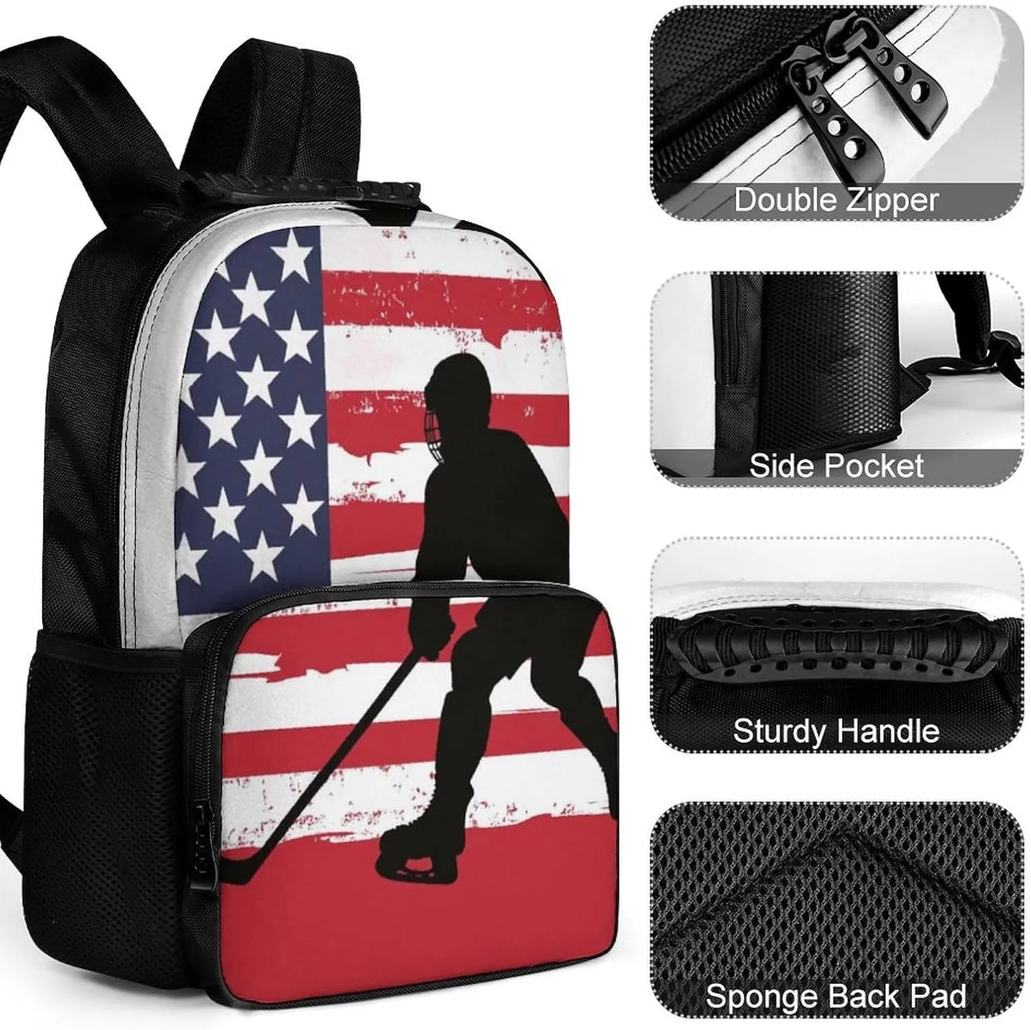 Supdreamc Polyester Daypack Backpack for Climbing Outdoors Running - Big Capacity Multipurpose Anti-Theft Bookbag, American Hockey Flag Art Travel Hiking & Camping Rucksack
