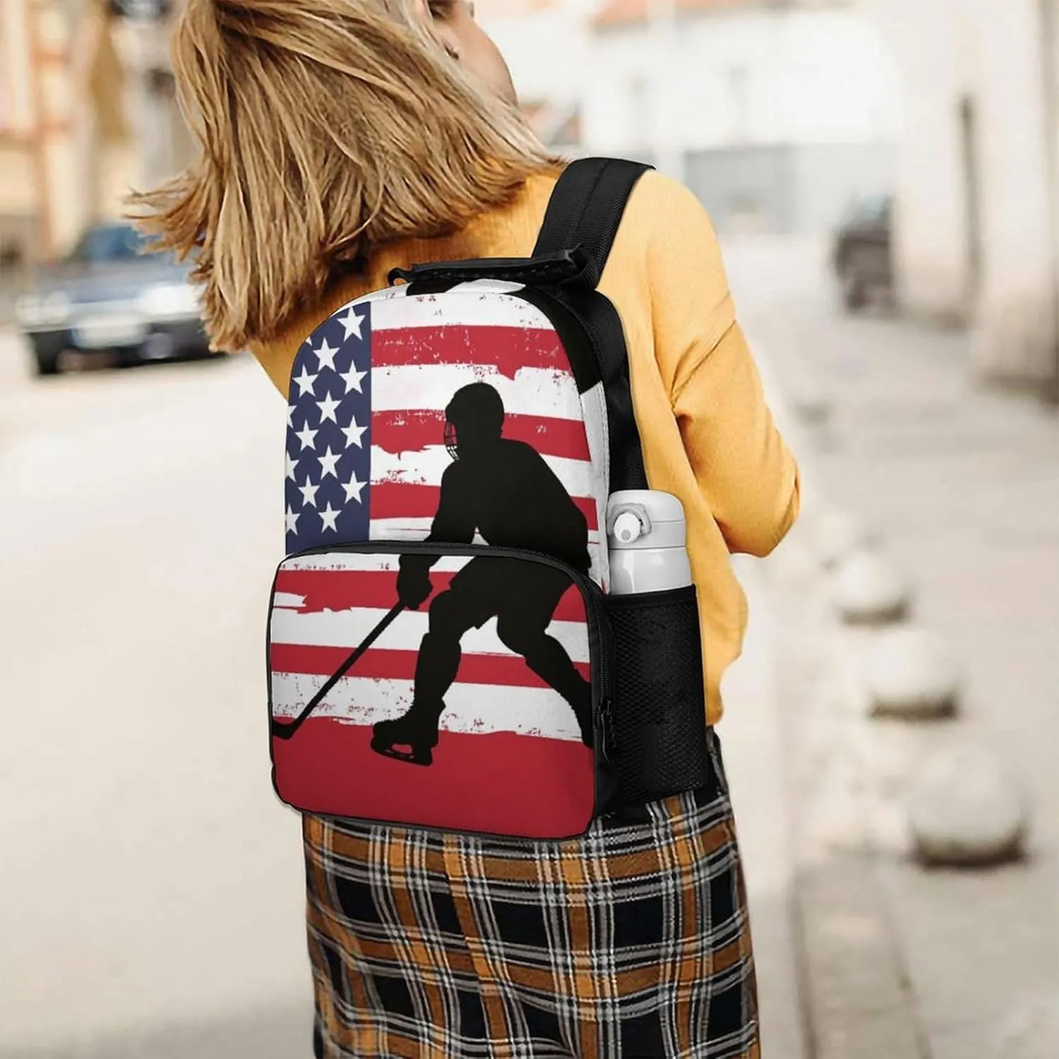 Supdreamc Polyester Daypack Backpack for Climbing Outdoors Running - Big Capacity Multipurpose Anti-Theft Bookbag, American Hockey Flag Art Travel Hiking & Camping Rucksack