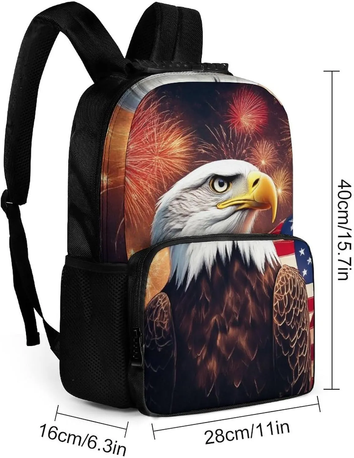 Supdreamc Polyester Daypack Backpack for Trekking Picnic Walking Cycling - Large Capacity Anti-Theft Multipurpose Shoulder Bag, Bald Eagle American Flag Fireworks Art Casual Daypack