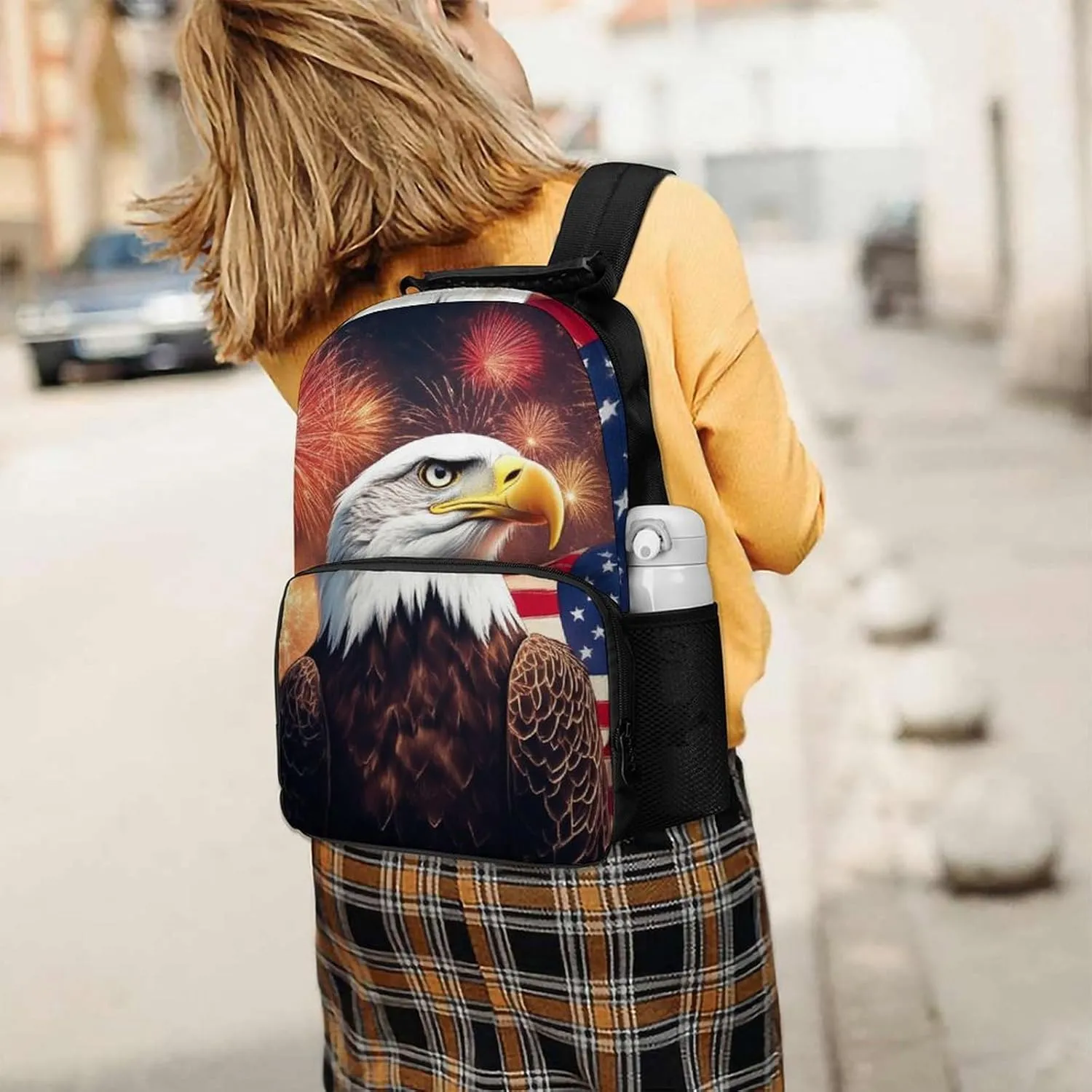 Supdreamc Polyester Daypack Backpack for Trekking Picnic Walking Cycling - Large Capacity Anti-Theft Multipurpose Shoulder Bag, Bald Eagle American Flag Fireworks Art Casual Daypack