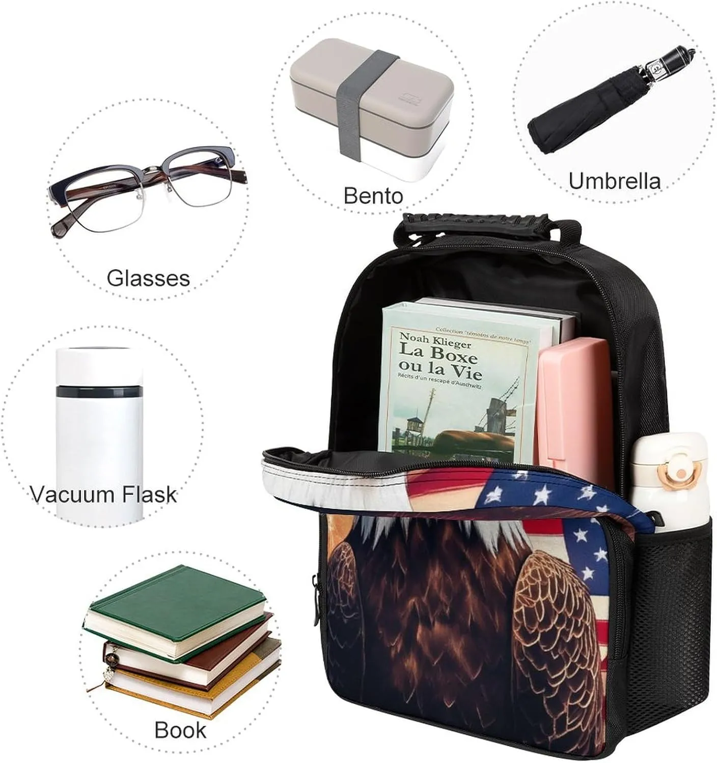 Supdreamc Polyester Daypack Backpack for Trekking Picnic Walking Cycling - Large Capacity Anti-Theft Multipurpose Shoulder Bag, Bald Eagle American Flag Fireworks Art Casual Daypack