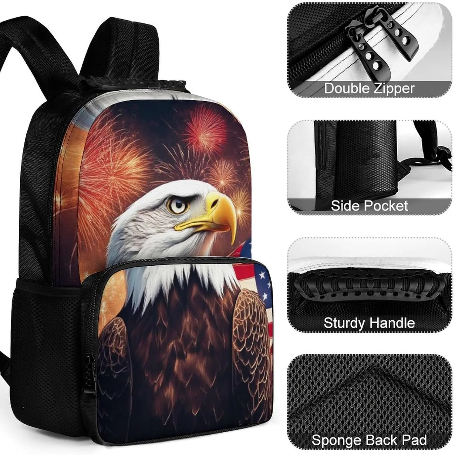 Supdreamc Polyester Daypack Backpack for Trekking Picnic Walking Cycling - Large Capacity Anti-Theft Multipurpose Shoulder Bag, Bald Eagle American Flag Fireworks Art Casual Daypack