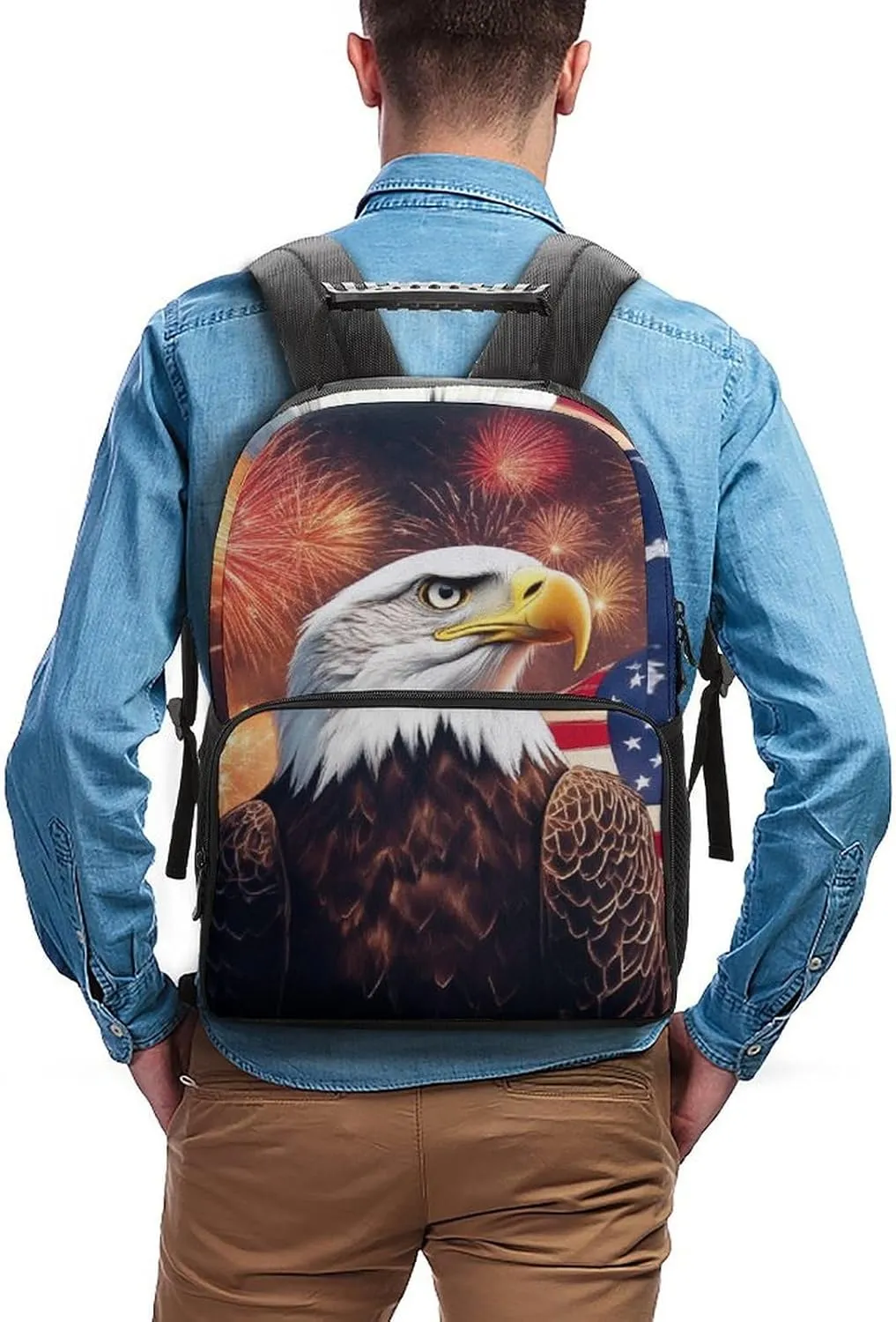 Supdreamc Polyester Daypack Backpack for Trekking Picnic Walking Cycling - Large Capacity Anti-Theft Multipurpose Shoulder Bag, Bald Eagle American Flag Fireworks Art Casual Daypack