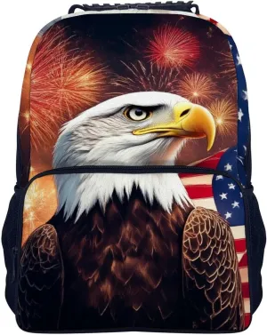 Supdreamc Polyester Daypack Backpack for Trekking Picnic Walking Cycling - Large Capacity Anti-Theft Multipurpose Shoulder Bag, Bald Eagle American Flag Fireworks Art Casual Daypack