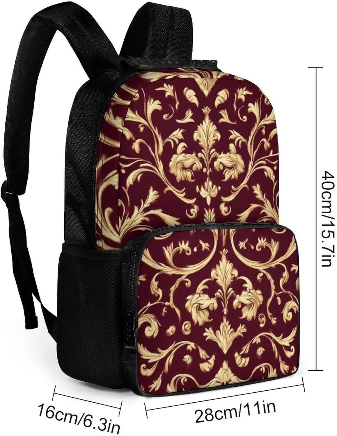 Supdreamc Polyester Daypack Backpack for Trekking Picnic Walking Cycling - Large Capacity Anti-Theft Multipurpose Shoulder Bag, Flower Maroon Gold Floral Classy Burgundy Antique Casual Daypack