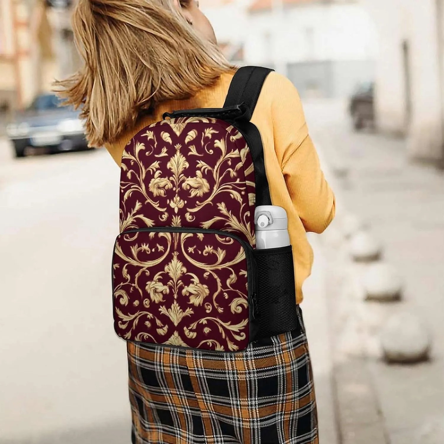 Supdreamc Polyester Daypack Backpack for Trekking Picnic Walking Cycling - Large Capacity Anti-Theft Multipurpose Shoulder Bag, Flower Maroon Gold Floral Classy Burgundy Antique Casual Daypack