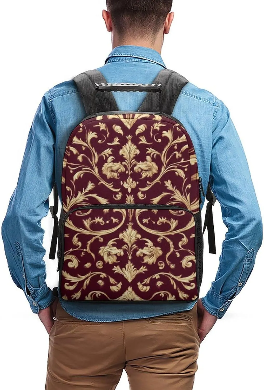 Supdreamc Polyester Daypack Backpack for Trekking Picnic Walking Cycling - Large Capacity Anti-Theft Multipurpose Shoulder Bag, Flower Maroon Gold Floral Classy Burgundy Antique Casual Daypack