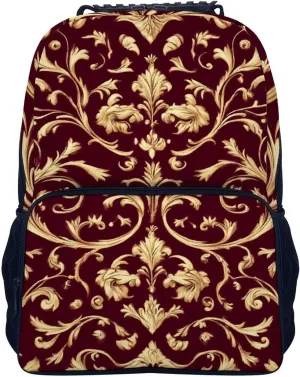 Supdreamc Polyester Daypack Backpack for Trekking Picnic Walking Cycling - Large Capacity Anti-Theft Multipurpose Shoulder Bag, Flower Maroon Gold Floral Classy Burgundy Antique Casual Daypack
