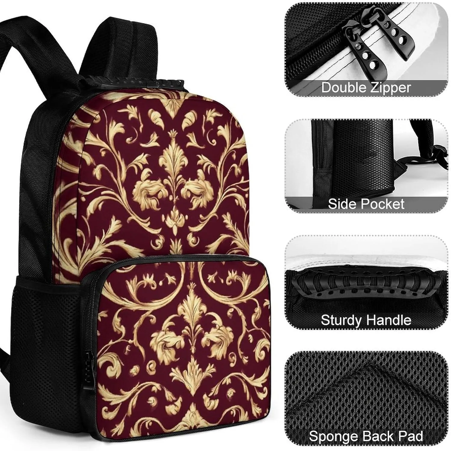 Supdreamc Polyester Daypack Backpack for Trekking Picnic Walking Cycling - Large Capacity Anti-Theft Multipurpose Shoulder Bag, Flower Maroon Gold Floral Classy Burgundy Antique Casual Daypack