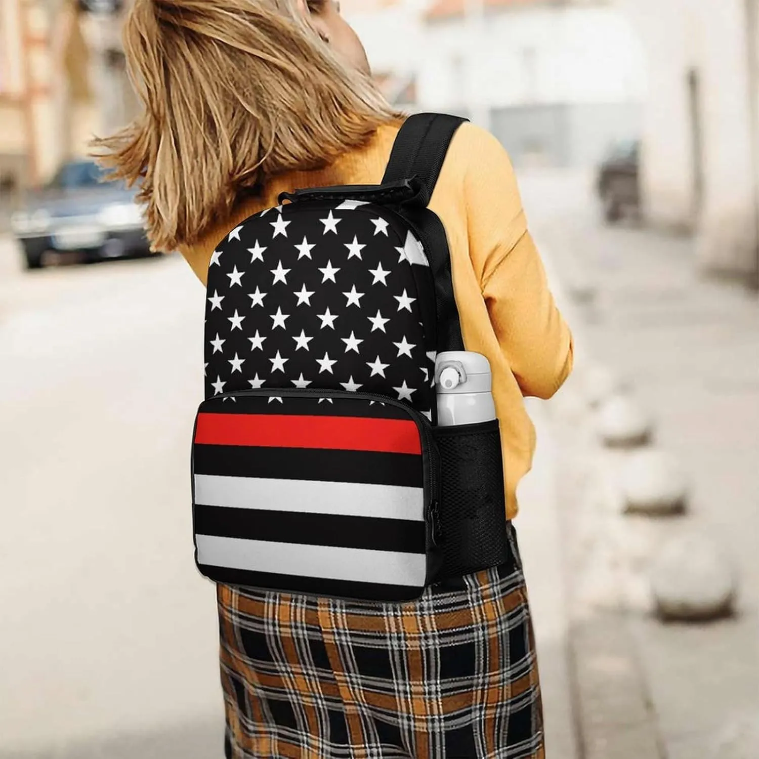 Supdreamc Polyester Daypack Bookbag for Gym Business Bicycle - Large Capacity Multipurpose Anti-Theft Carry On Bag, American Thin Red Line Flag Pattern Travel Hiking Daypack