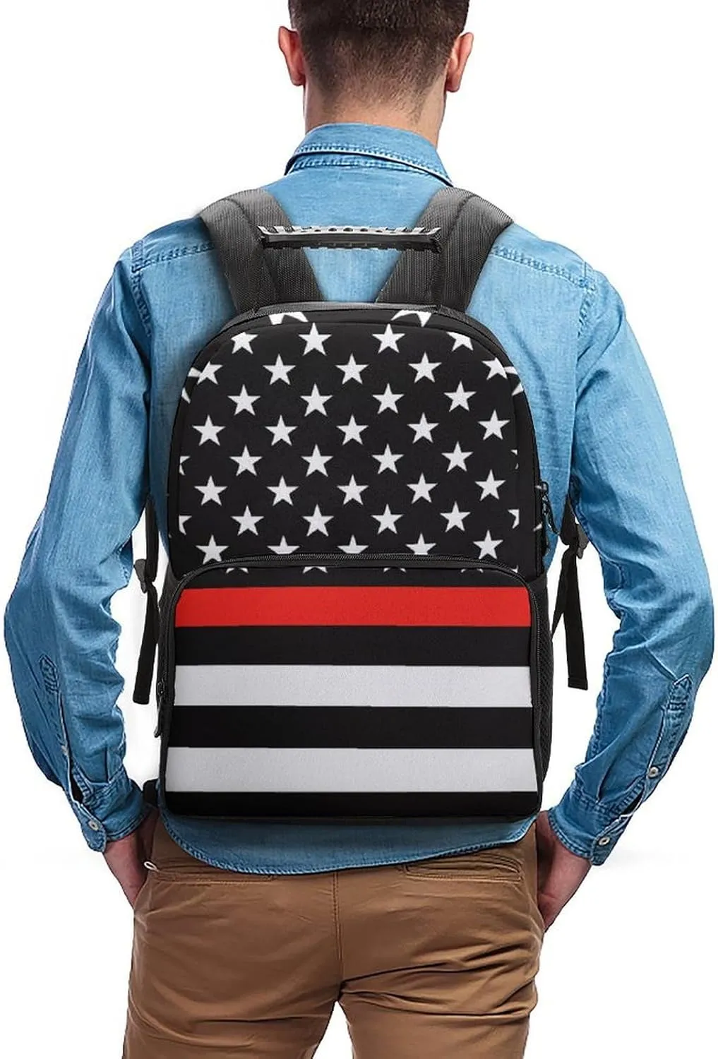 Supdreamc Polyester Daypack Bookbag for Gym Business Bicycle - Large Capacity Multipurpose Anti-Theft Carry On Bag, American Thin Red Line Flag Pattern Travel Hiking Daypack