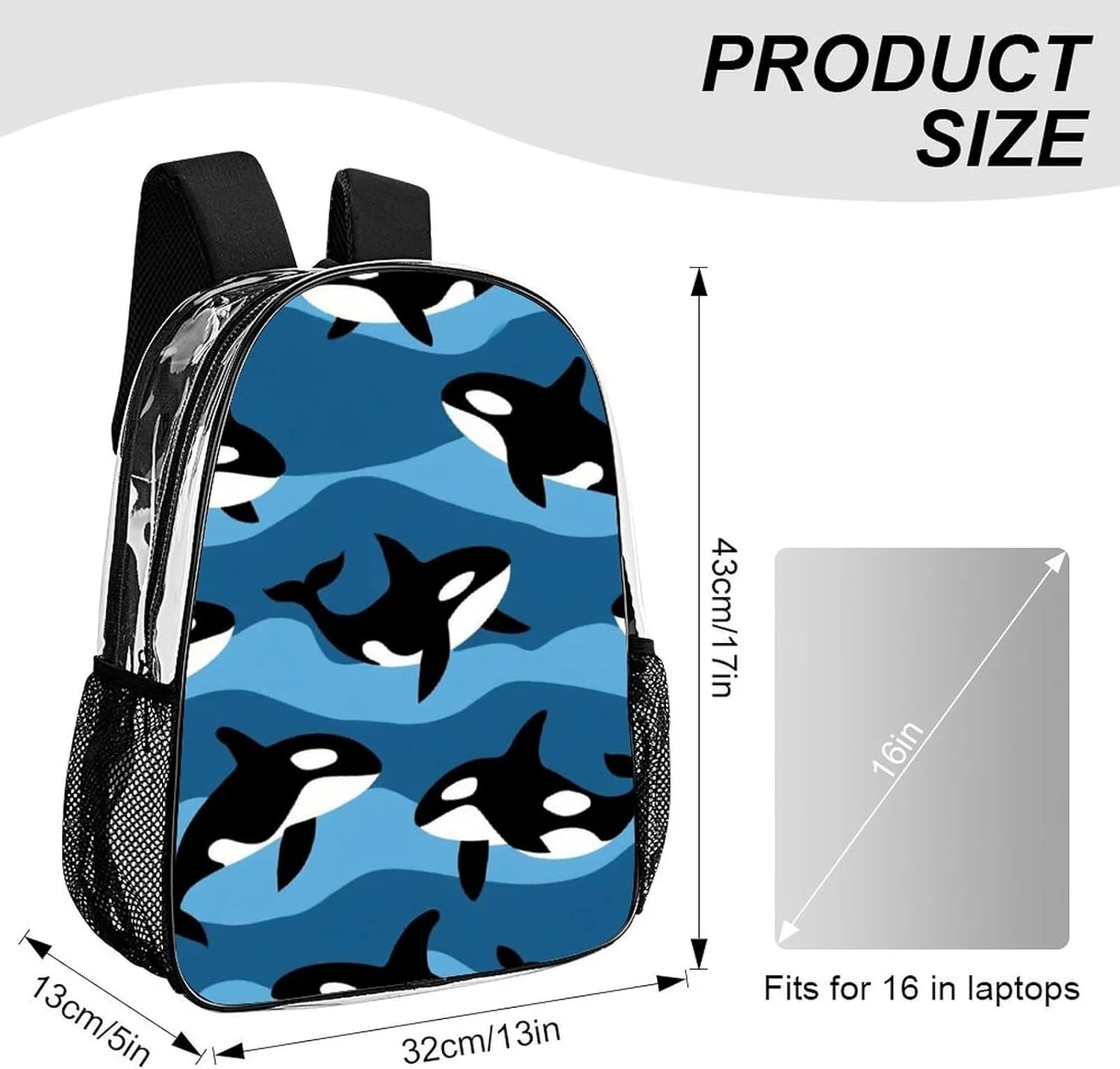 Supdreamc Transparent Daypack Backpack for Trekking Picnic Walking Cycling - Large Capacity Anti-Theft Multipurpose Shoulder Bag, Ocean Orca Killer Whale Casual Daypack