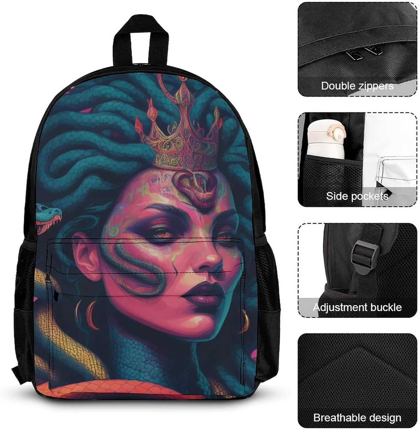 Supdreamc Travel Hiking Bag & Day Pack 3 Piece Daypack Sets Shoulder Bag Large Capacity Backpack Ancient Greece Snake Queen Medusa Art College Bookbag for Adults