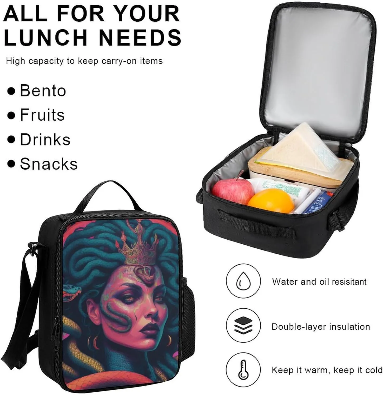 Supdreamc Travel Hiking Bag & Day Pack 3 Piece Daypack Sets Shoulder Bag Large Capacity Backpack Ancient Greece Snake Queen Medusa Art College Bookbag for Adults