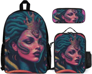 Supdreamc Travel Hiking Bag & Day Pack 3 Piece Daypack Sets Shoulder Bag Large Capacity Backpack Ancient Greece Snake Queen Medusa Art College Bookbag for Adults