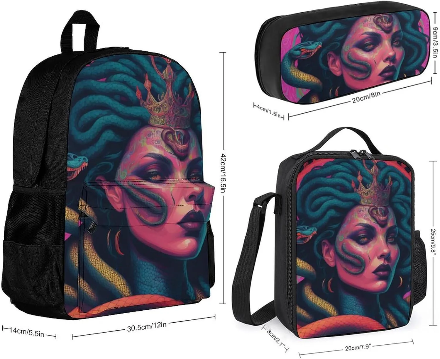 Supdreamc Travel Hiking Bag & Day Pack 3 Piece Daypack Sets Shoulder Bag Large Capacity Backpack Ancient Greece Snake Queen Medusa Art College Bookbag for Adults