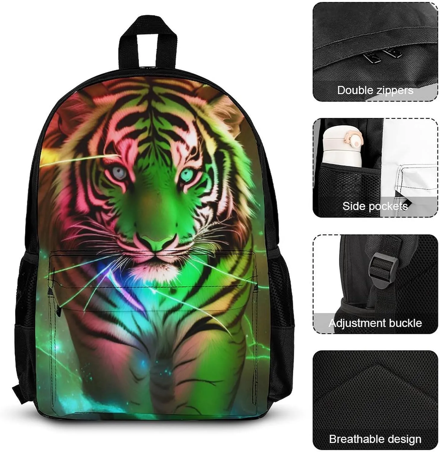 Supdreamc Travel Hiking Bag & Day Pack 3 Piece Daypack Sets Shoulder Bag Large Capacity Backpack Beautiful Wild Animal Tiger Abstract Art College Bookbag for Adults