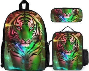 Supdreamc Travel Hiking Bag & Day Pack 3 Piece Daypack Sets Shoulder Bag Large Capacity Backpack Beautiful Wild Animal Tiger Abstract Art College Bookbag for Adults