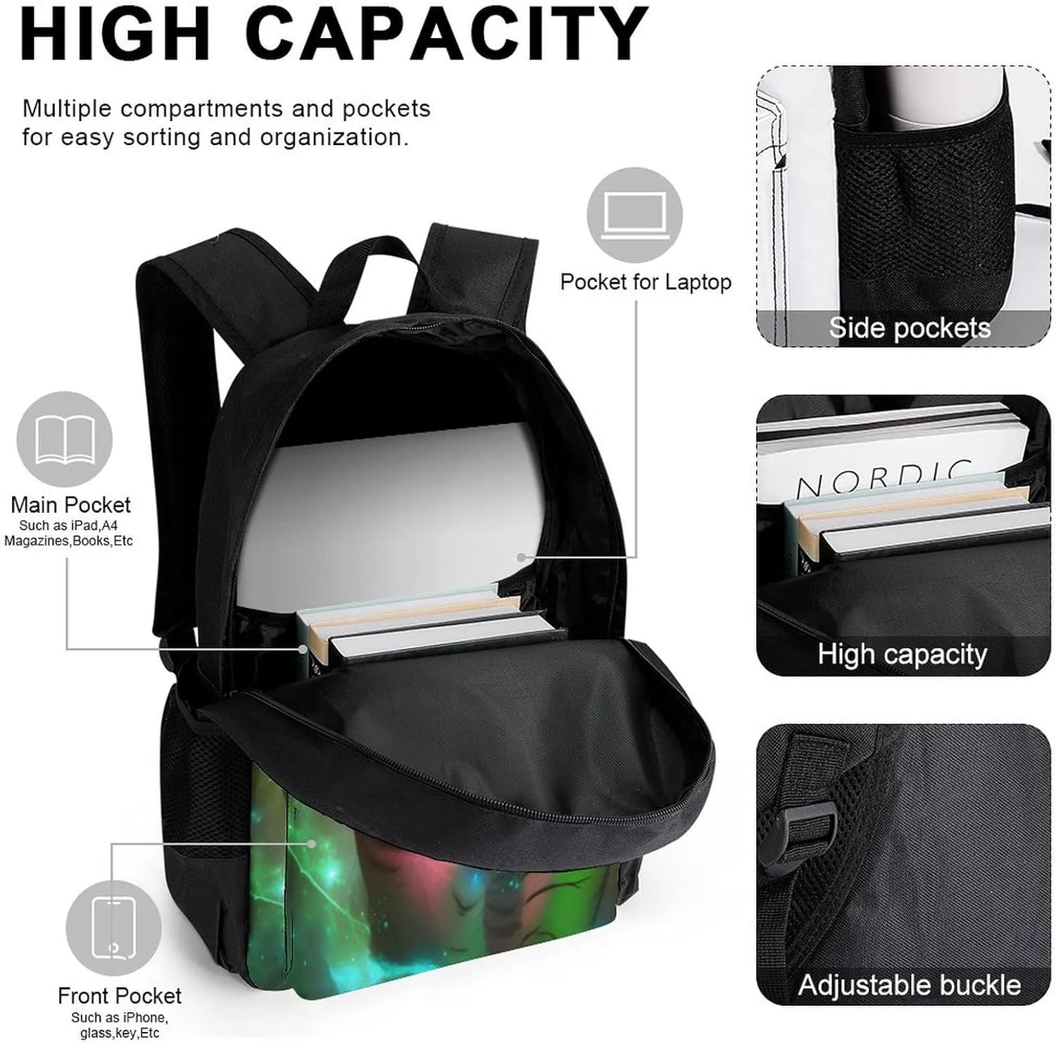 Supdreamc Travel Hiking Bag & Day Pack 3 Piece Daypack Sets Shoulder Bag Large Capacity Backpack Beautiful Wild Animal Tiger Abstract Art College Bookbag for Adults