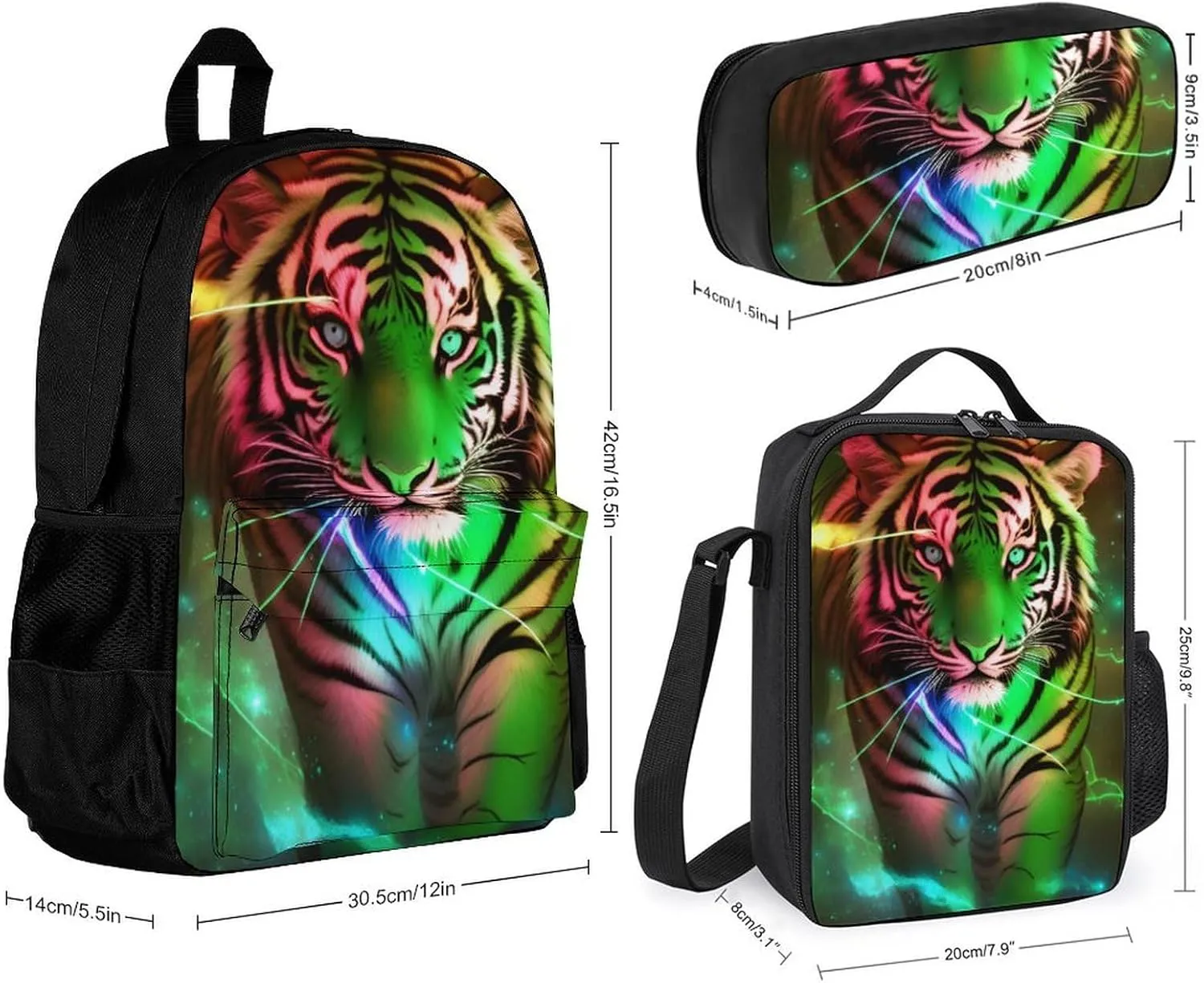 Supdreamc Travel Hiking Bag & Day Pack 3 Piece Daypack Sets Shoulder Bag Large Capacity Backpack Beautiful Wild Animal Tiger Abstract Art College Bookbag for Adults