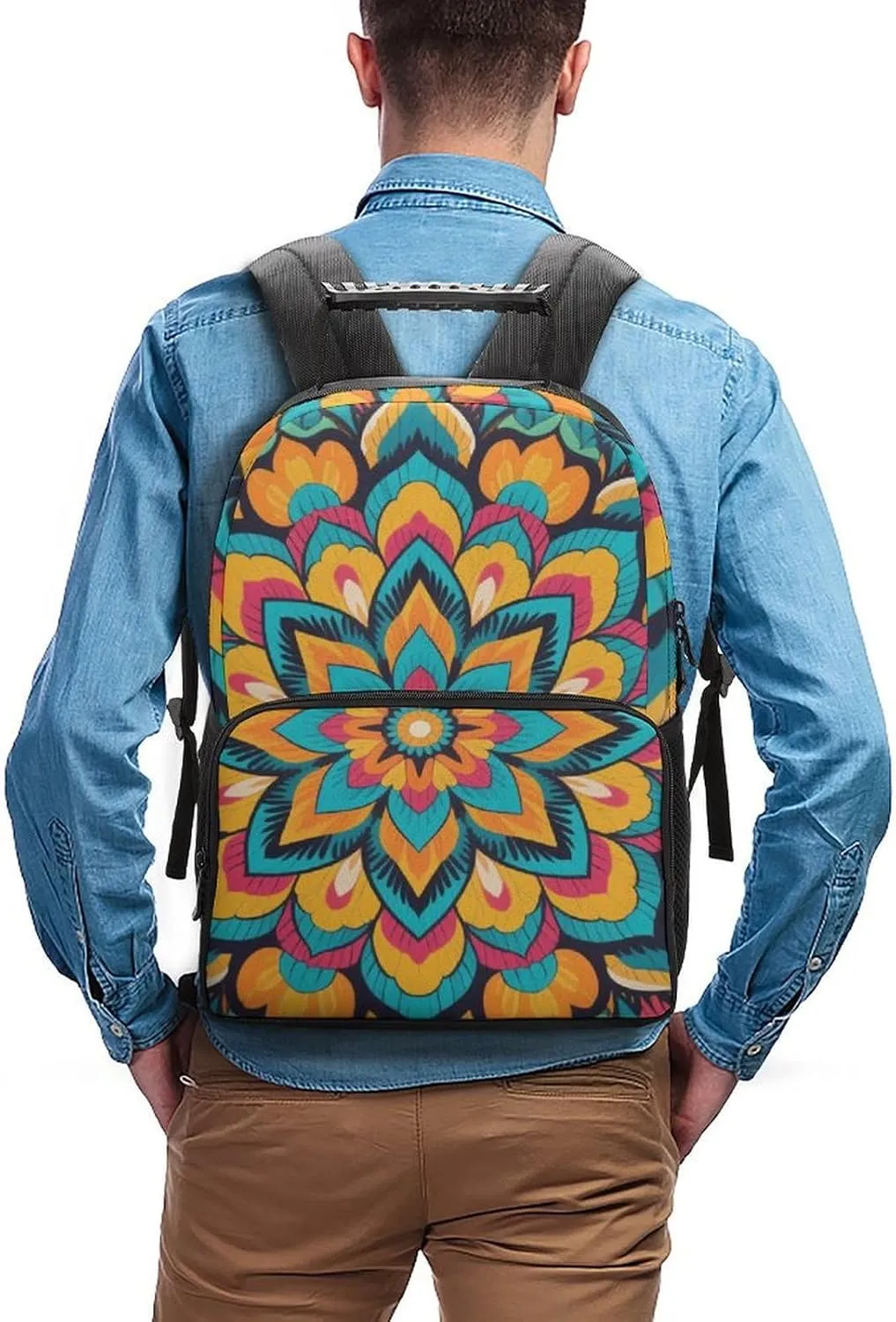 Supdreamc Women Men Polyester Boho Mandala Flowers Art Casual Daypack Large Capacity Bookbag With Side Pockets for Sports Picnic Walking Cycling