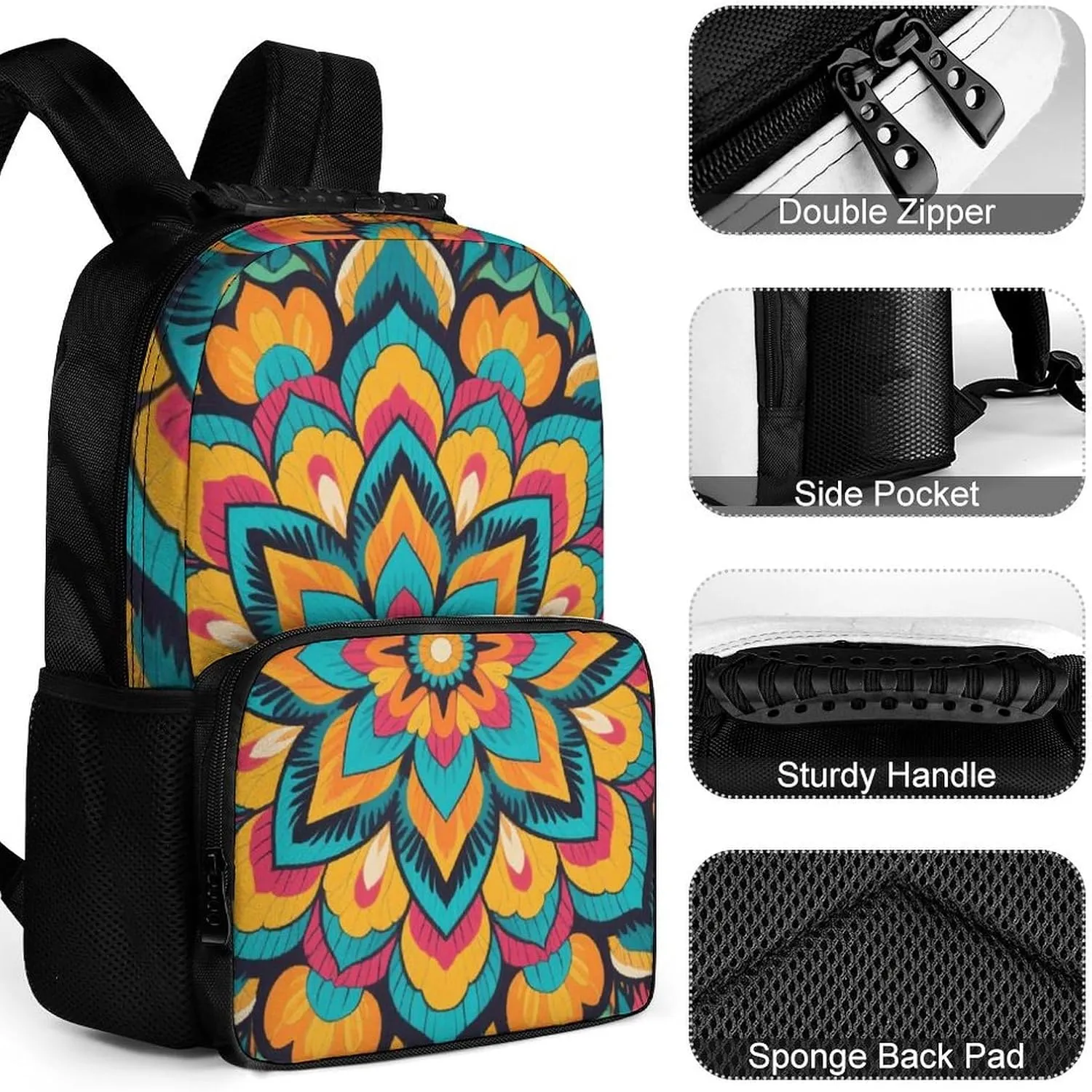 Supdreamc Women Men Polyester Boho Mandala Flowers Art Casual Daypack Large Capacity Bookbag With Side Pockets for Sports Picnic Walking Cycling