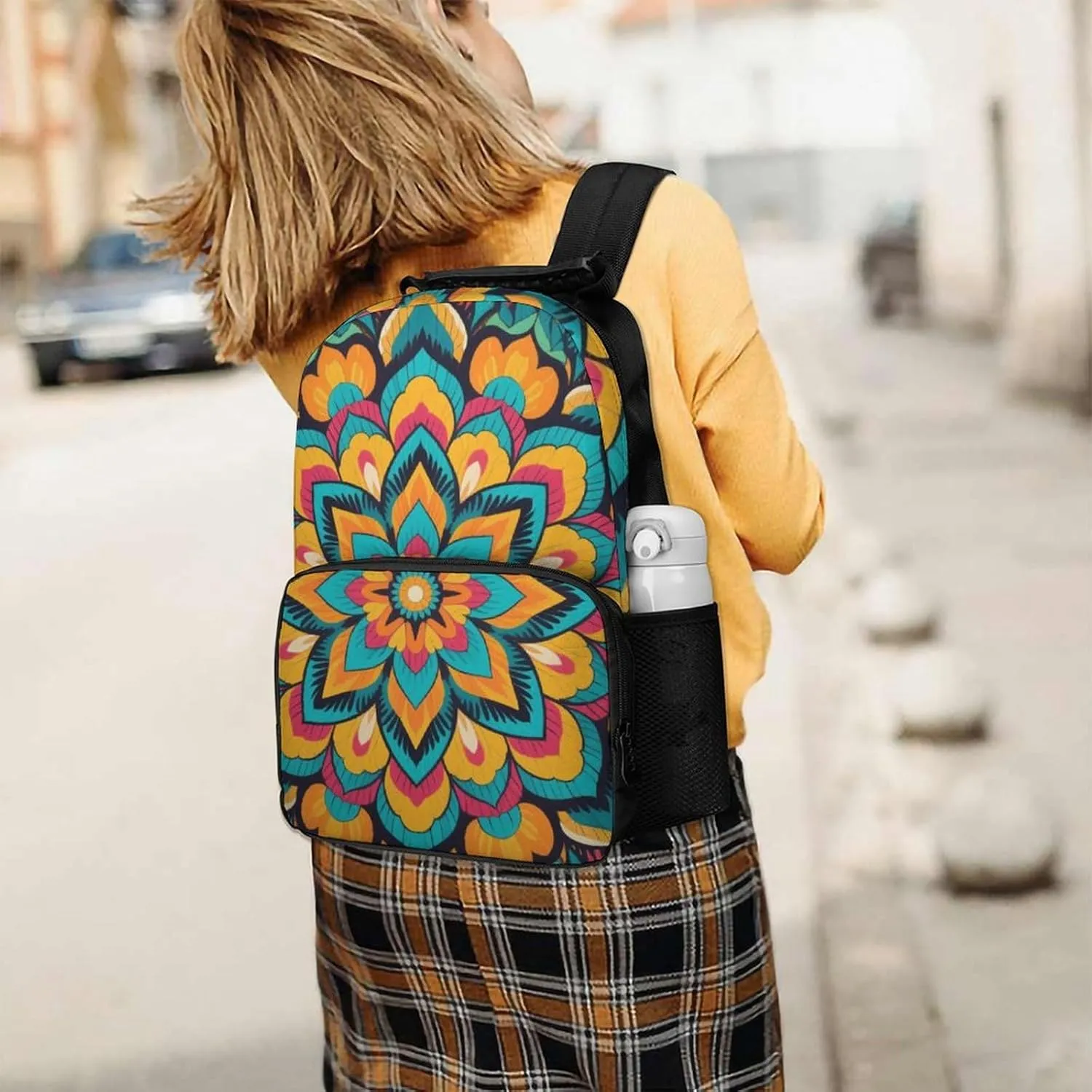 Supdreamc Women Men Polyester Boho Mandala Flowers Art Casual Daypack Large Capacity Bookbag With Side Pockets for Sports Picnic Walking Cycling