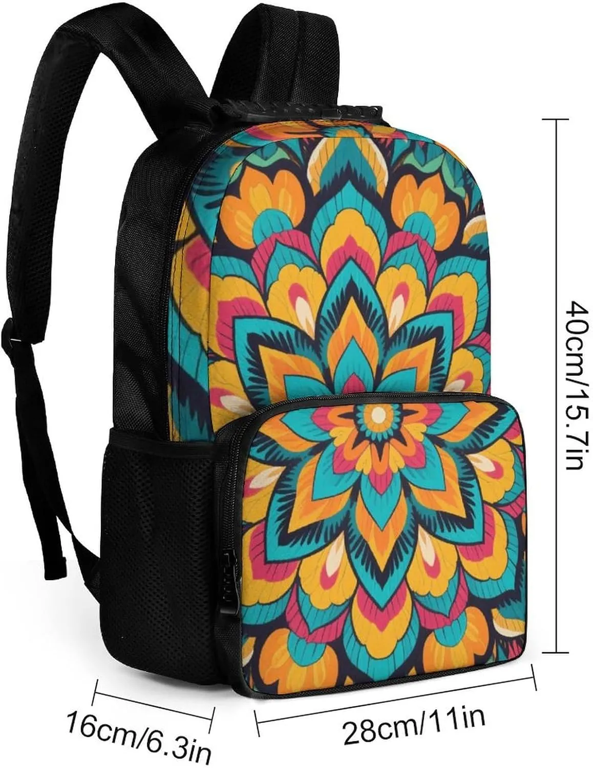 Supdreamc Women Men Polyester Boho Mandala Flowers Art Casual Daypack Large Capacity Bookbag With Side Pockets for Sports Picnic Walking Cycling