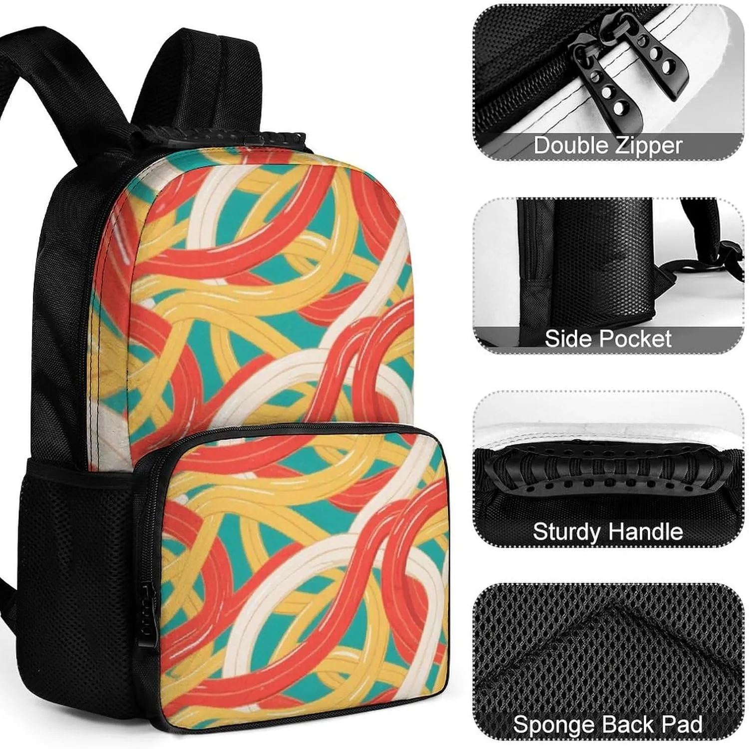 Supdreamc Women Men Polyester Ramen Noodles Texture Art Casual Daypack Large Capacity Bookbag With Side Pockets for Sports Picnic Walking Cycling